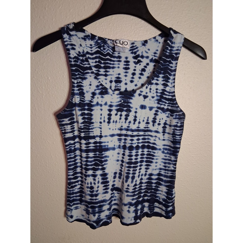 Clio Vintage Y2K Tie Dye Ribbed Tank Top Blue White Rhinestone Small USA Made